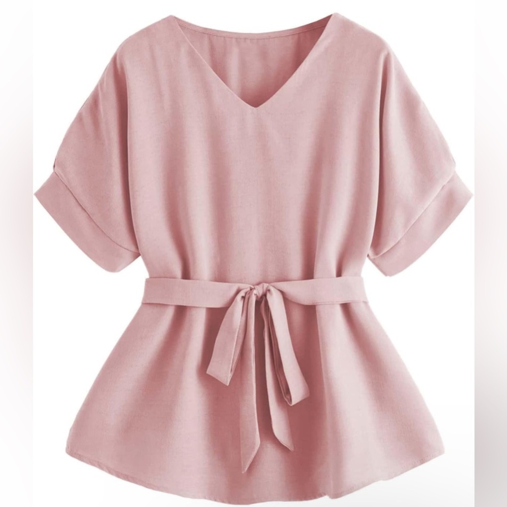 NWT No Label Size S Pink Self Tie V Casual Neck Blouse